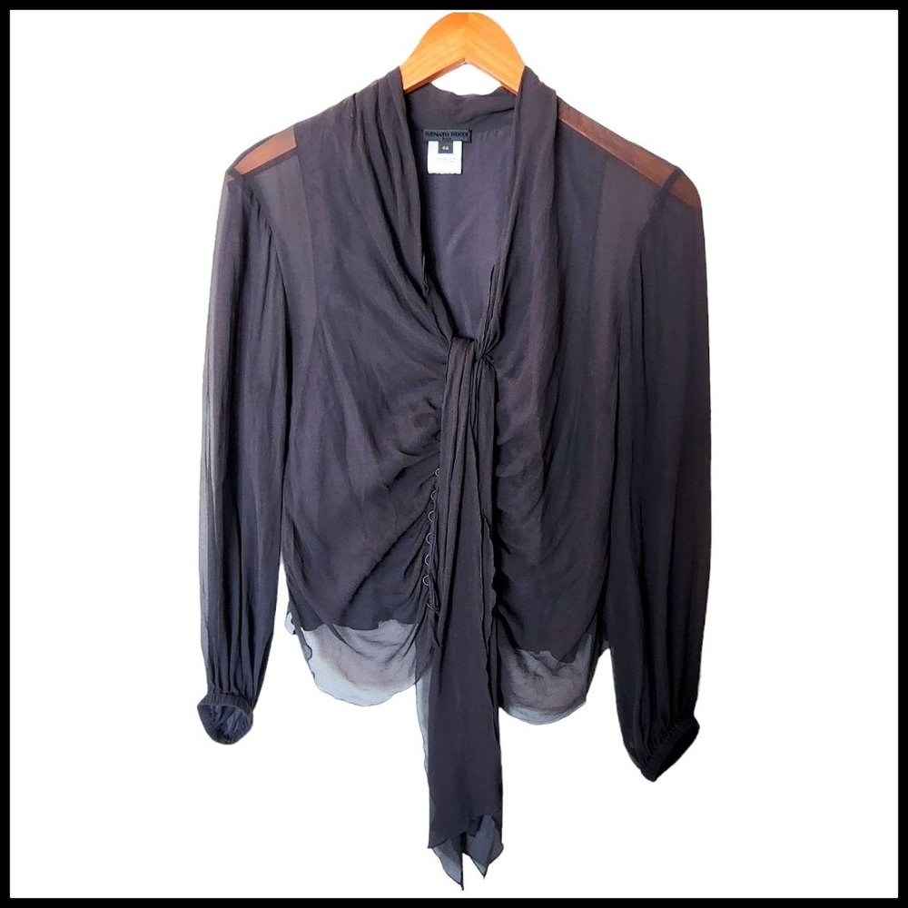 Renato Nucci Silk Blouse Womens‎ Button Front Black Front Tie 44 M Medium